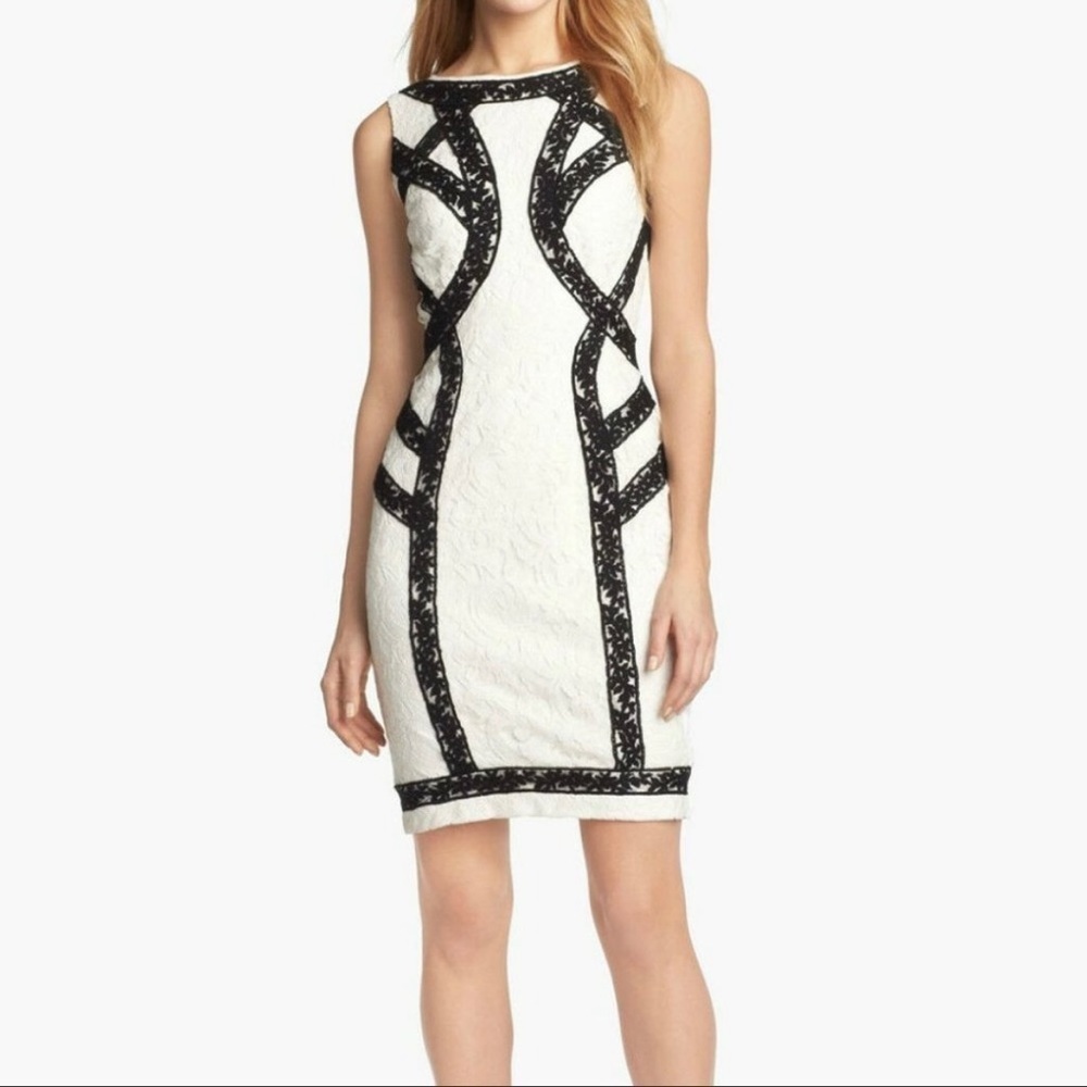 Tadashi Shoji White Lace Dress w/ Black Trim